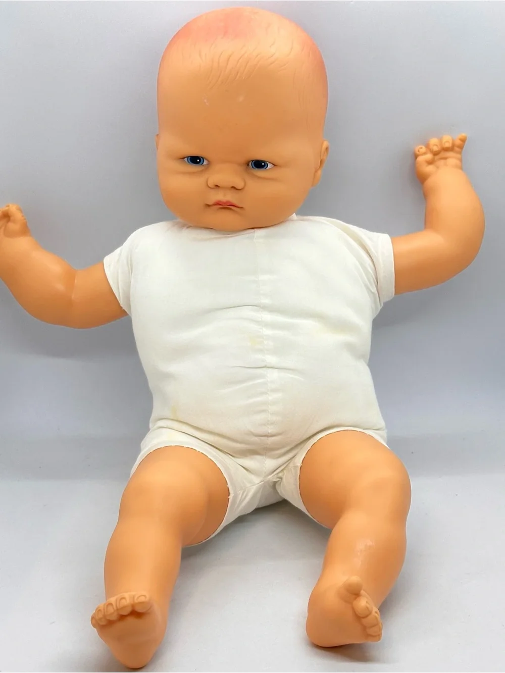 Vintage 1986 Playmates Grumpy Baby Doll Cloth & Vinyl Body Molded Hair Blue Eyes